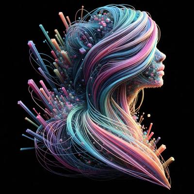 The primary subject of the image is a woman's head, which is the main focus of the image. The setting is a dark background, which contrasts with the vibrant colors of the woman's hair. The visual style is digital art, as the woman's hair is depicted in a colorful and intricate pattern. The colors and mood of the image are lively and energetic, with the woman's hair being the center of attention.